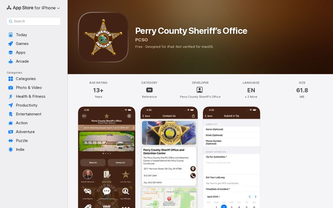 Perry County Sheriff's Office wanted tip and public safety iOS app listing