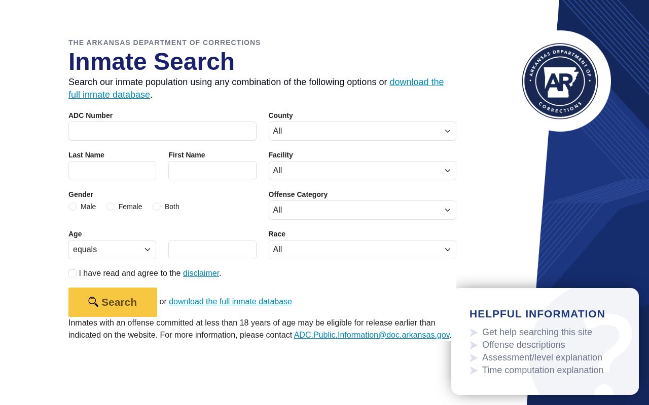 Arkansas ADC search for Perry County state offender records and photos